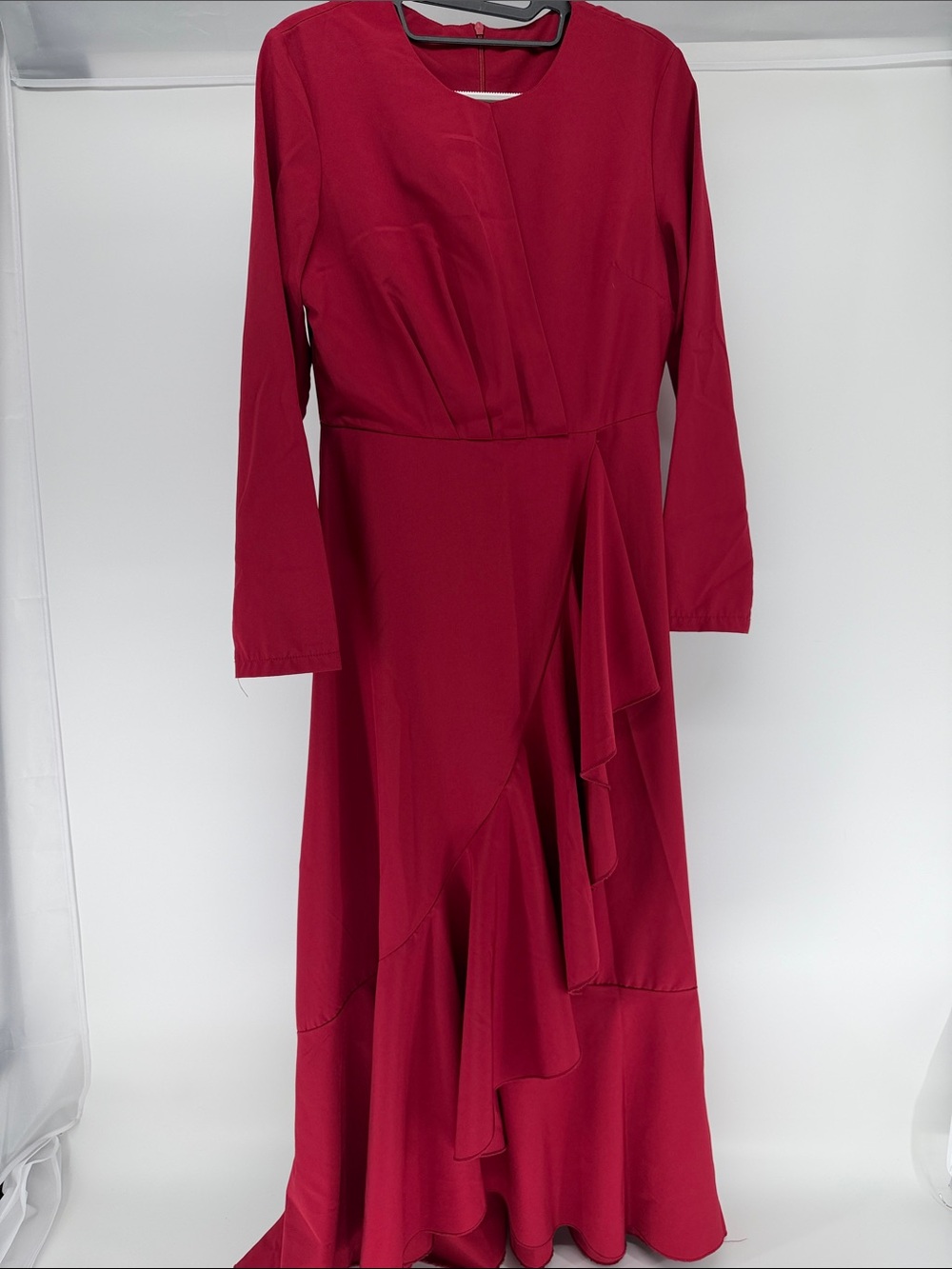 SHEIN Burgundy Red Ruffle-Accent Long Sleeve Maxi Dress